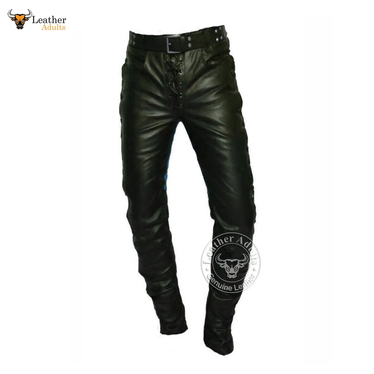 Mens Real Leather Bikers Pants Side and Front Laces Up Blue Contrast Leather Trousers