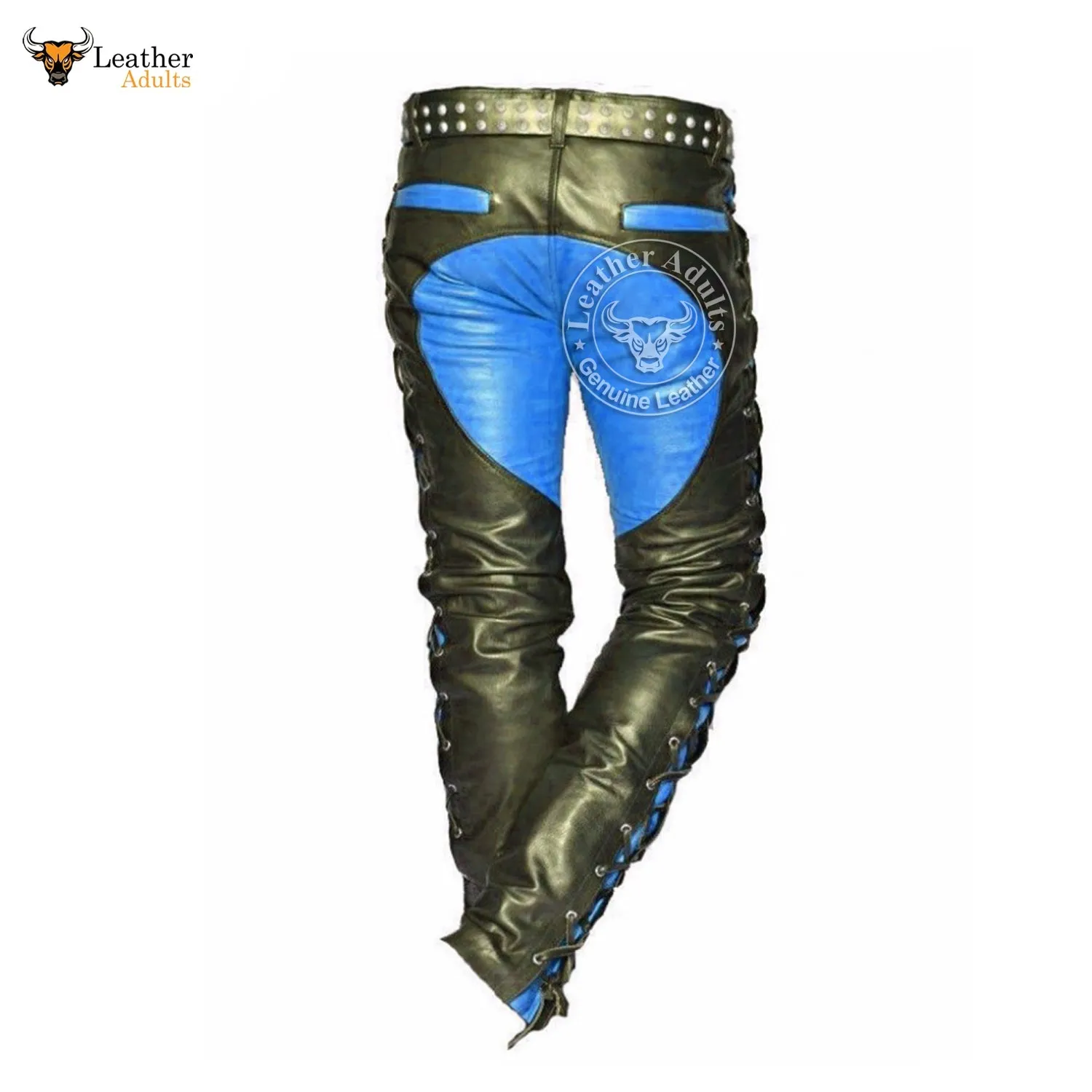 Mens Real Leather Bikers Pants Side and Front Laces Up Blue Contrast Leather Trousers