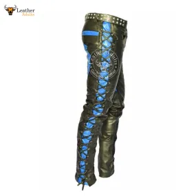 Mens Real Leather Bikers Pants Side and Front Laces Up Blue Contrast Leather Trousers