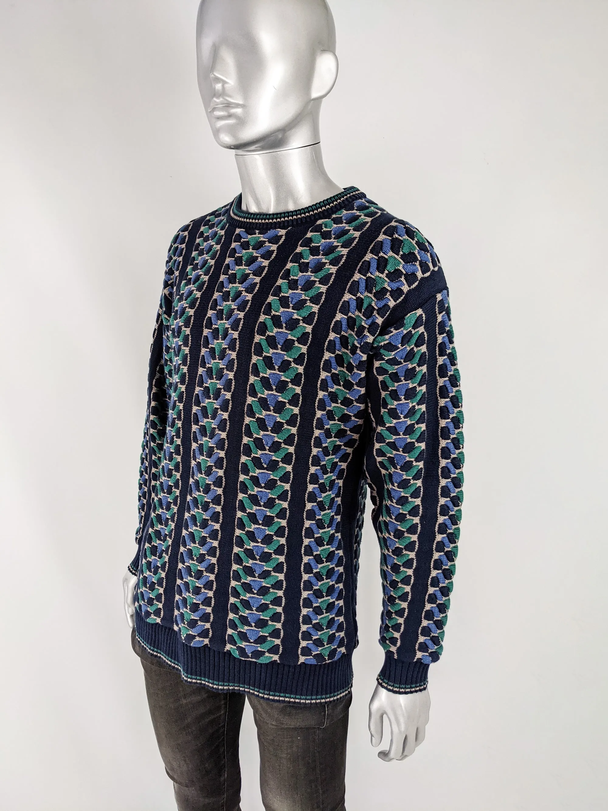 Mens Vintage Blue & Green Bubble Knit Jumper, 1980s