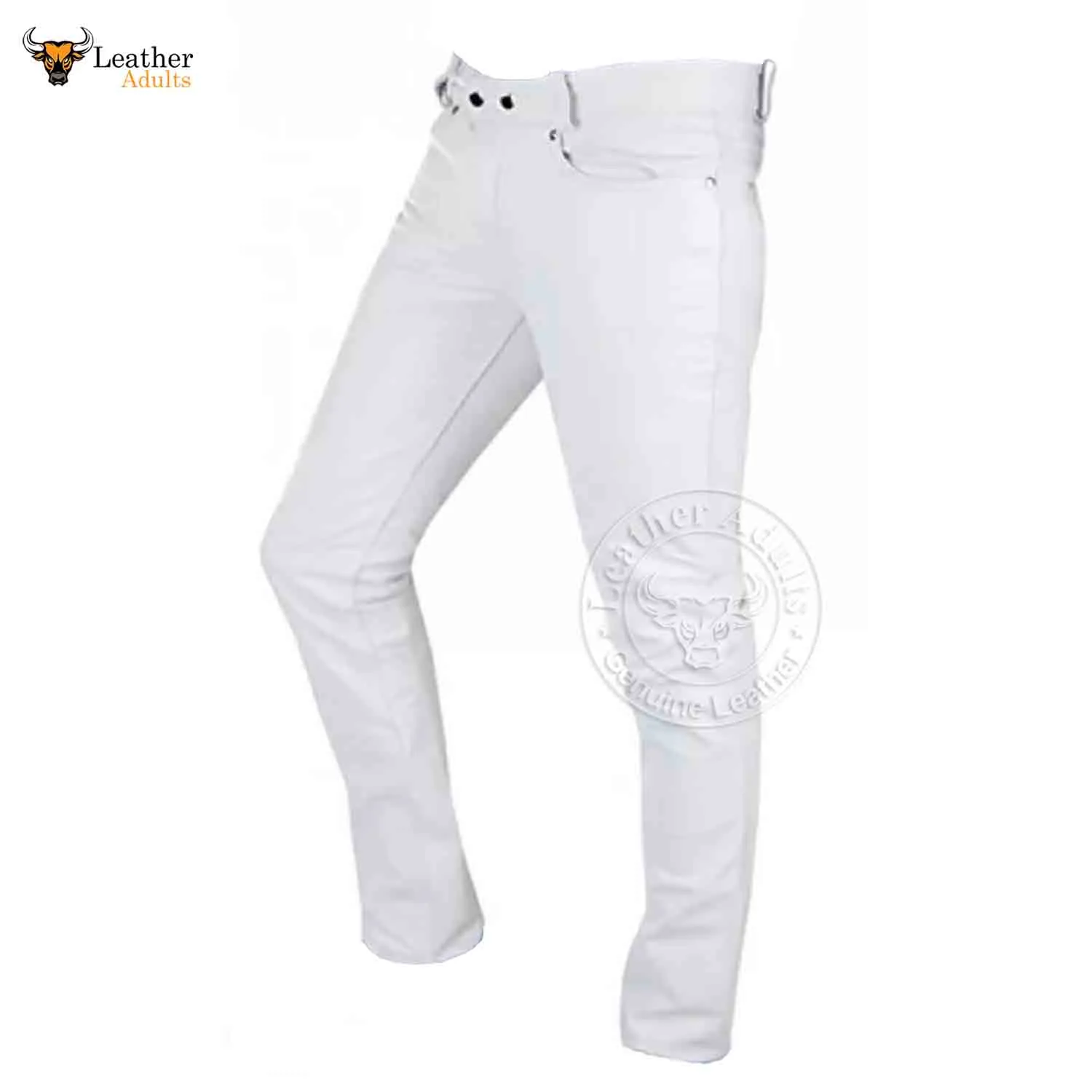 Men's White Genuine Leather Seamless Skinny Pants Five pockets Jeans Style Premium Kink Trousers