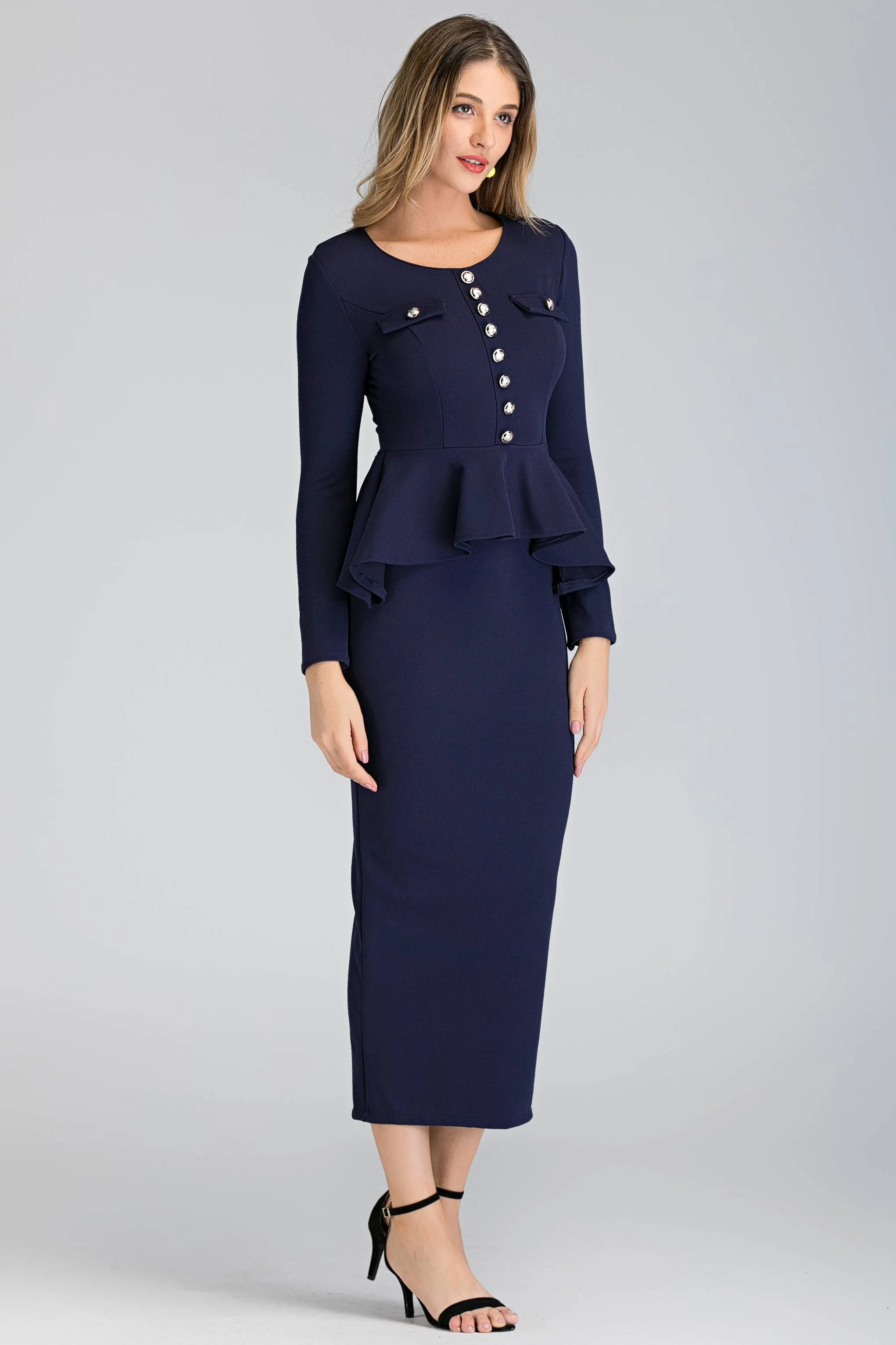 Navy Blue Sleeved Peplum Maxi Sheath Dress