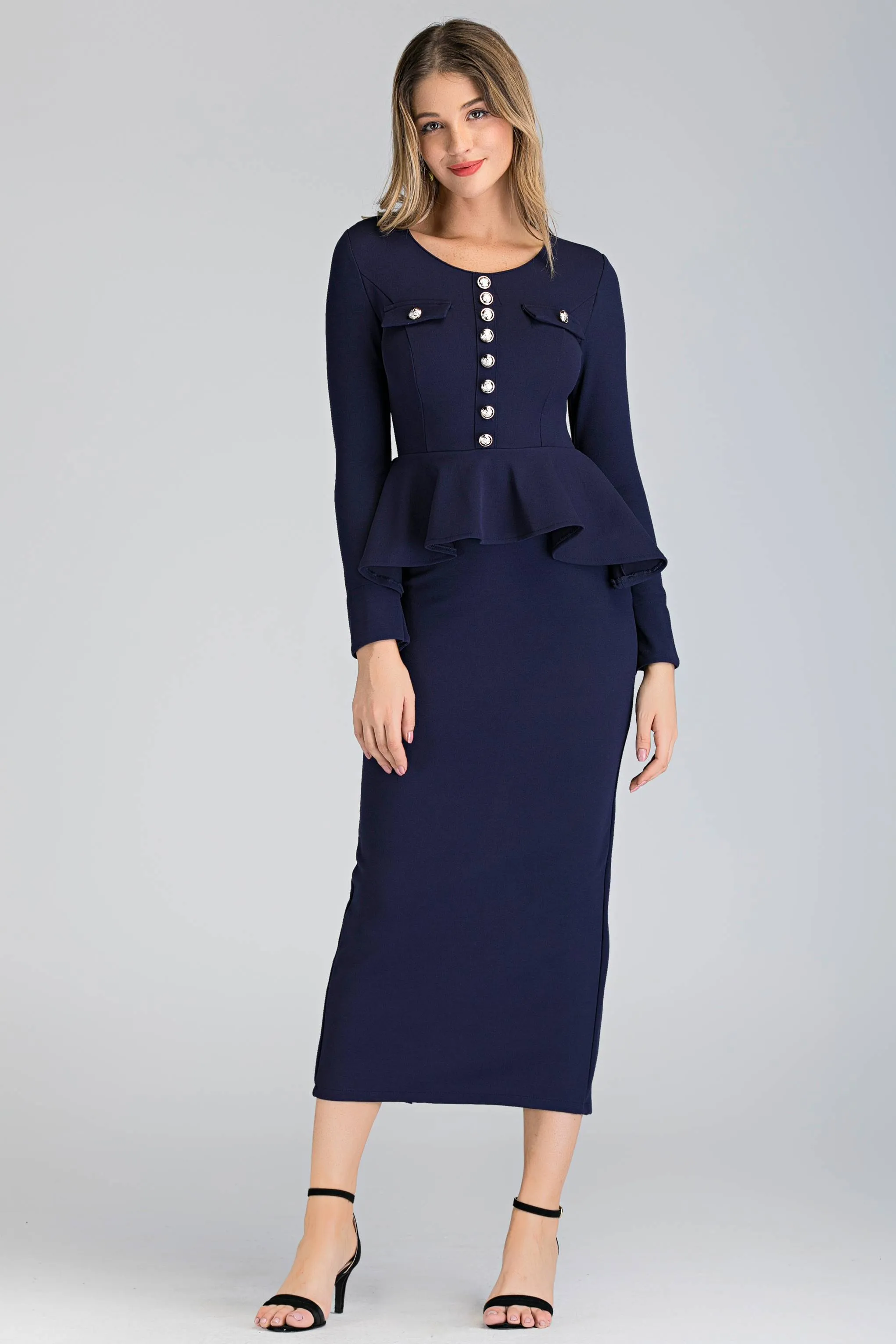 Navy Blue Sleeved Peplum Maxi Sheath Dress