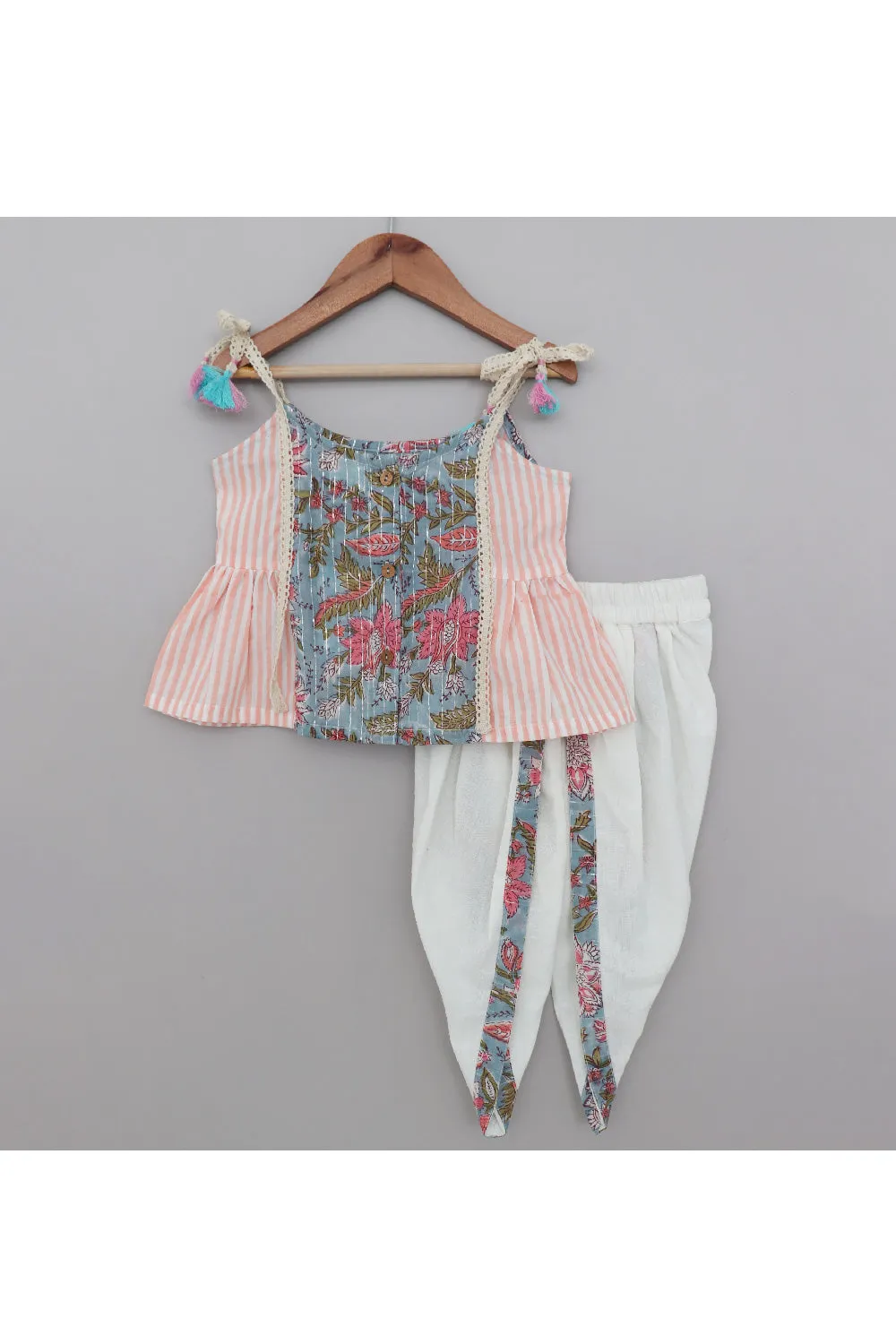 Pink And White Floral Printed Cotton Peplum Style Top With Dhoti Set