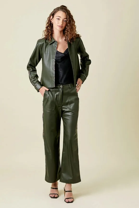 Piping Faux Leather Trousers Du. Olive