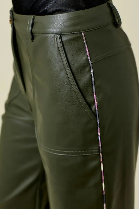 Piping Faux Leather Trousers Du. Olive