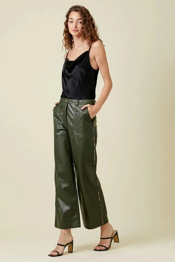 Piping Faux Leather Trousers Du. Olive