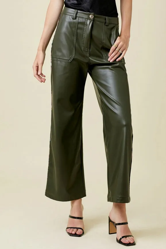 Piping Faux Leather Trousers Du. Olive