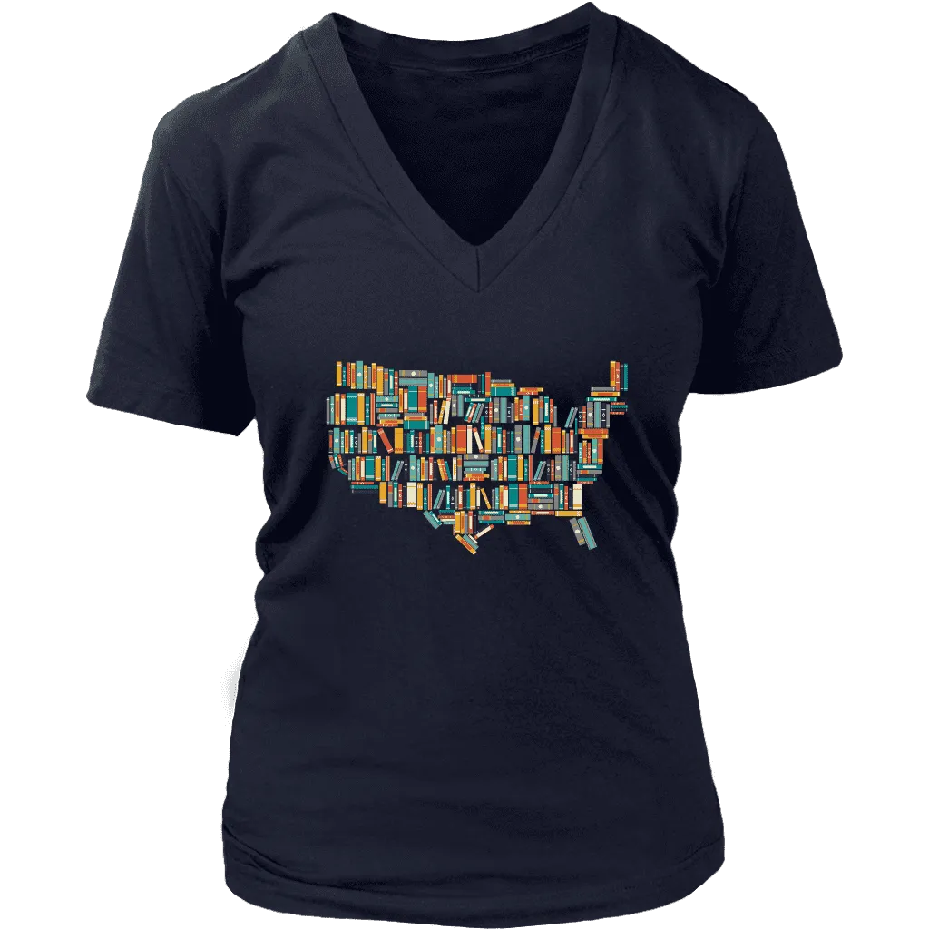 "USA Bookish Map" V-neck Tshirt