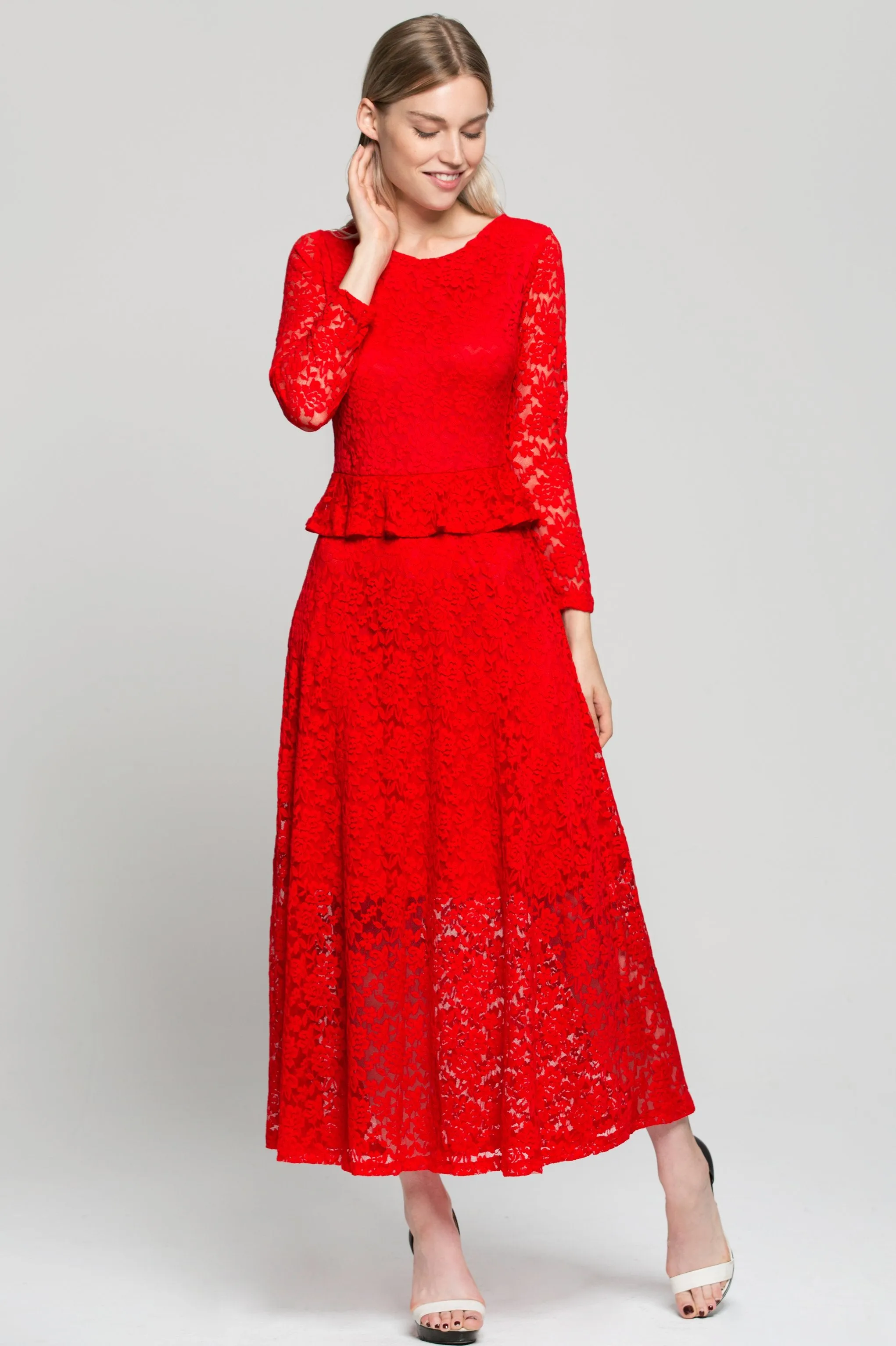 Red Floral Lace Peplum Maxi Dress