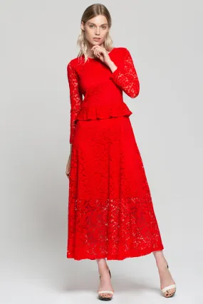 Red Floral Lace Peplum Maxi Dress