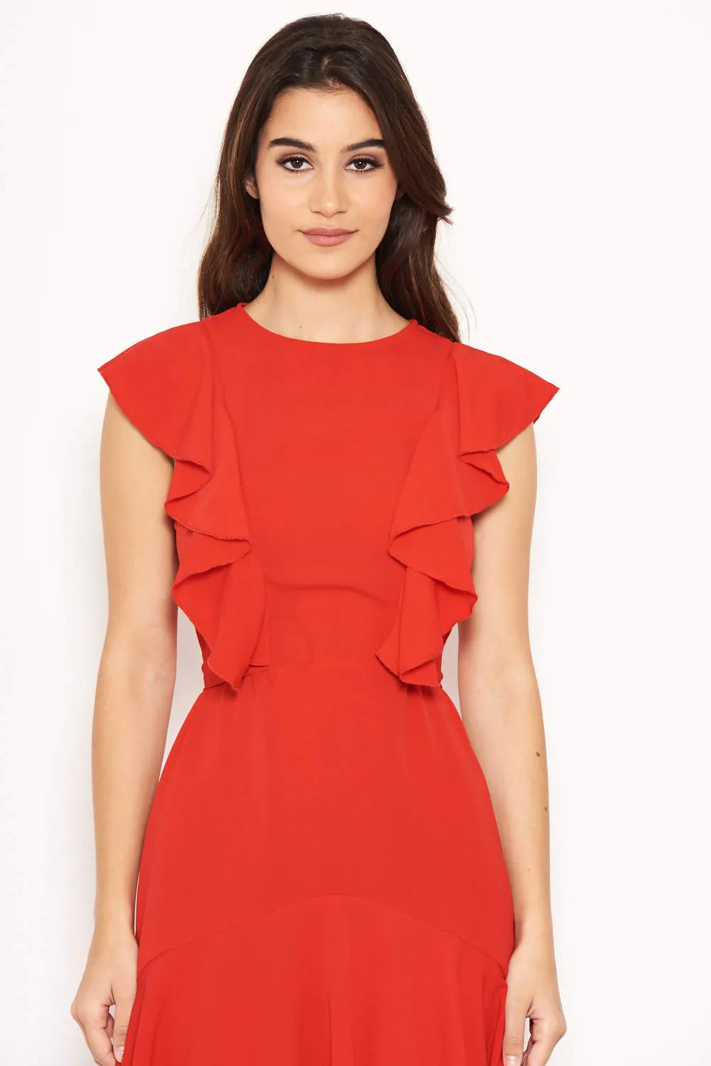 Red Wrap Frill Detail Dress