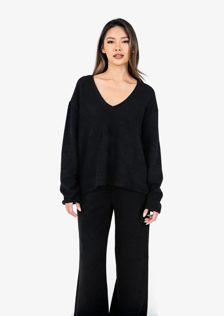 Rib Knit Lounge V-Neck LS Top Black FINAL SALE