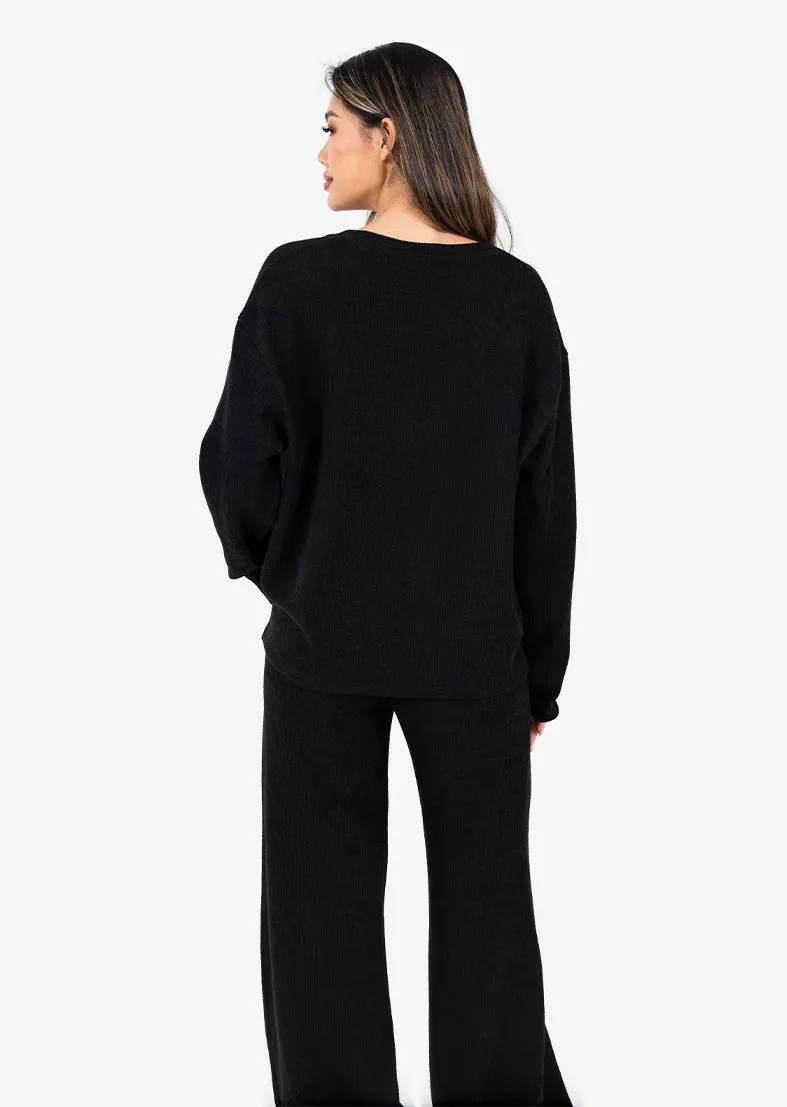 Rib Knit Lounge V-Neck LS Top Black FINAL SALE