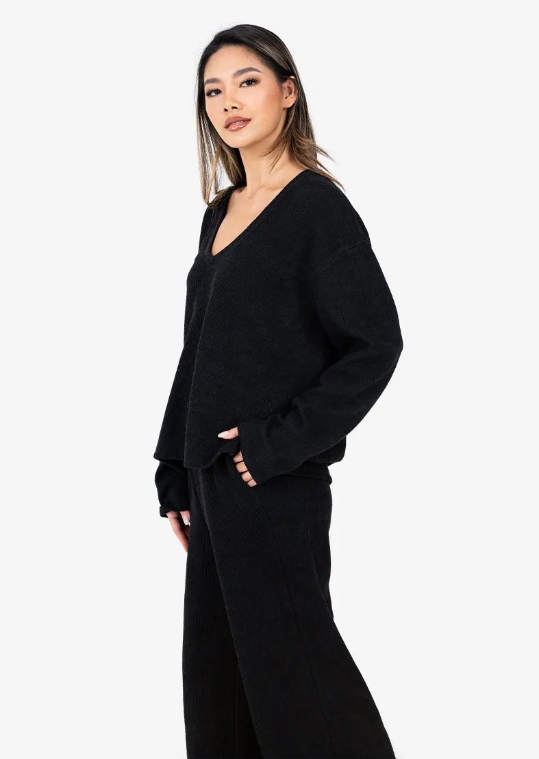 Rib Knit Lounge V-Neck LS Top Black FINAL SALE