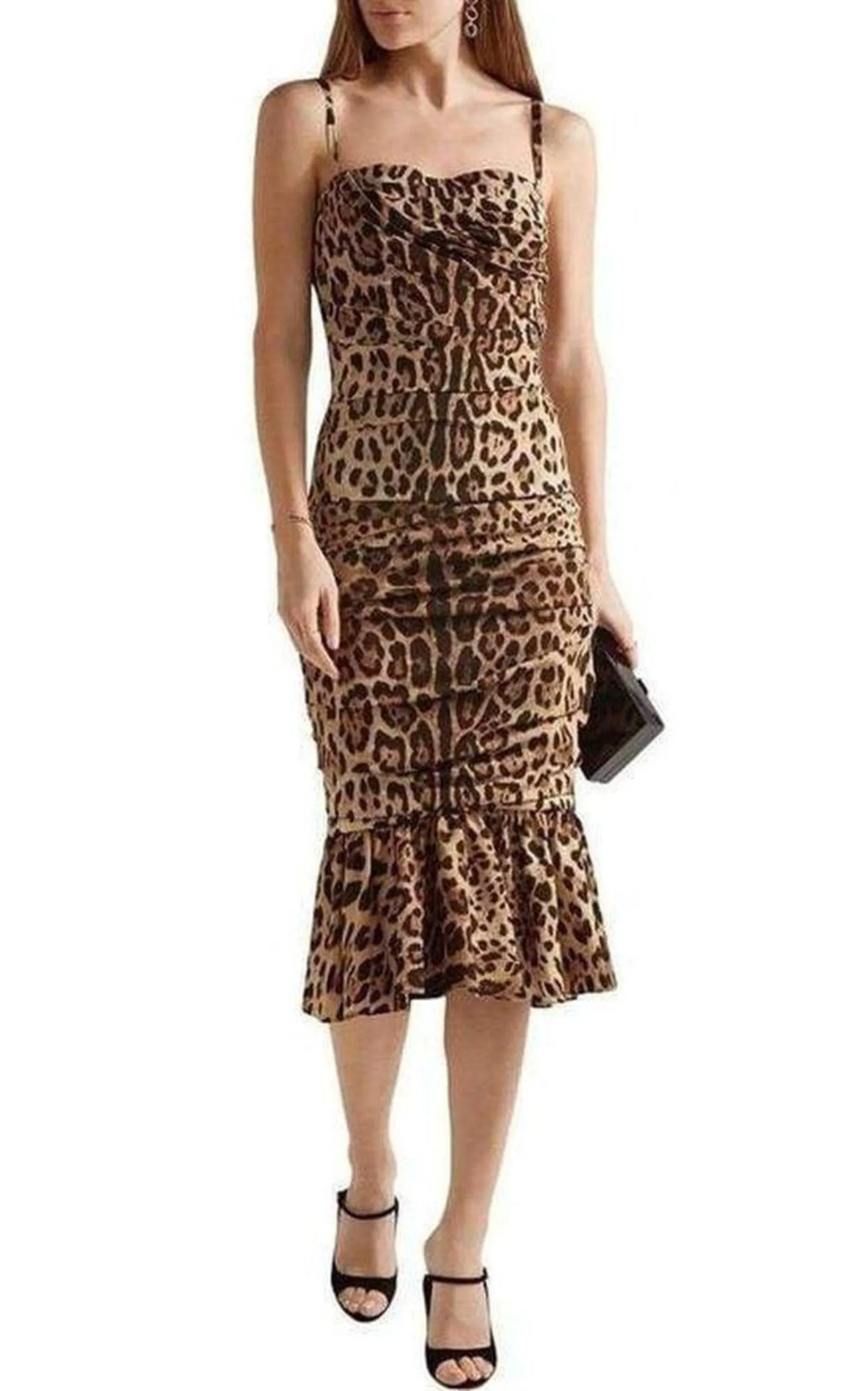 Ruched Leopard Print Silk Cady Midi Dress