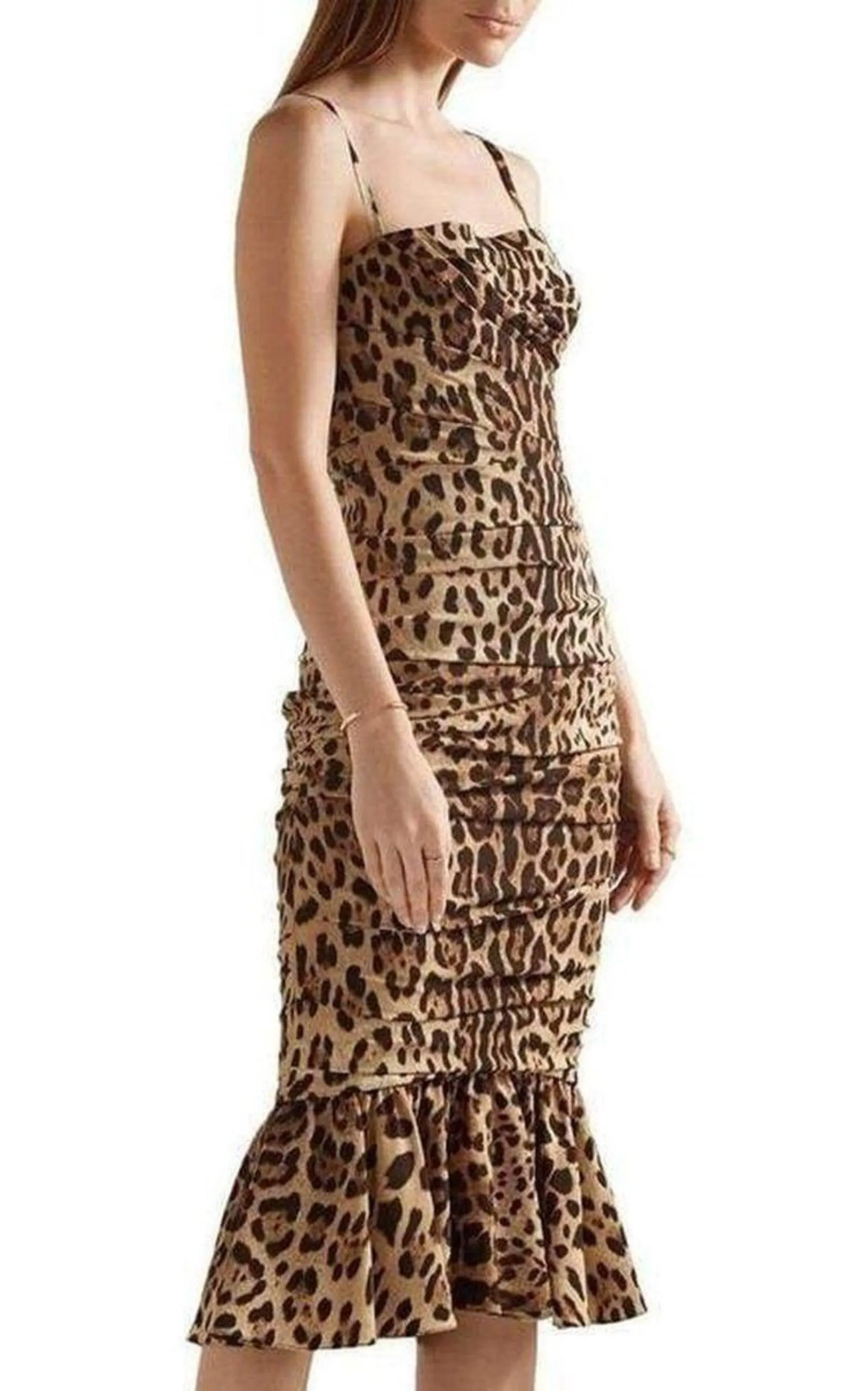 Ruched Leopard Print Silk Cady Midi Dress