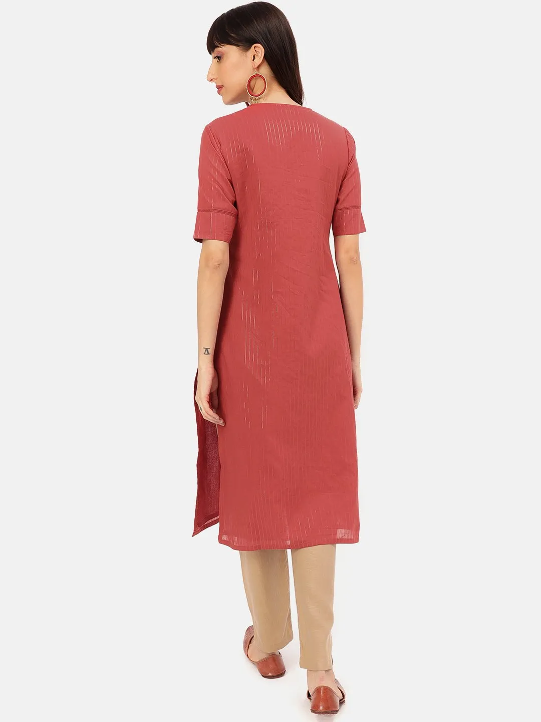 RUST EMBROIDERED V-NECK KURTA