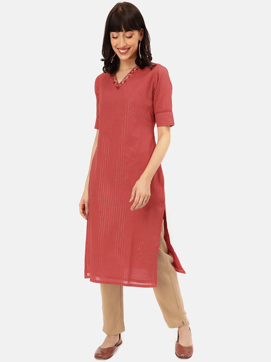 RUST EMBROIDERED V-NECK KURTA