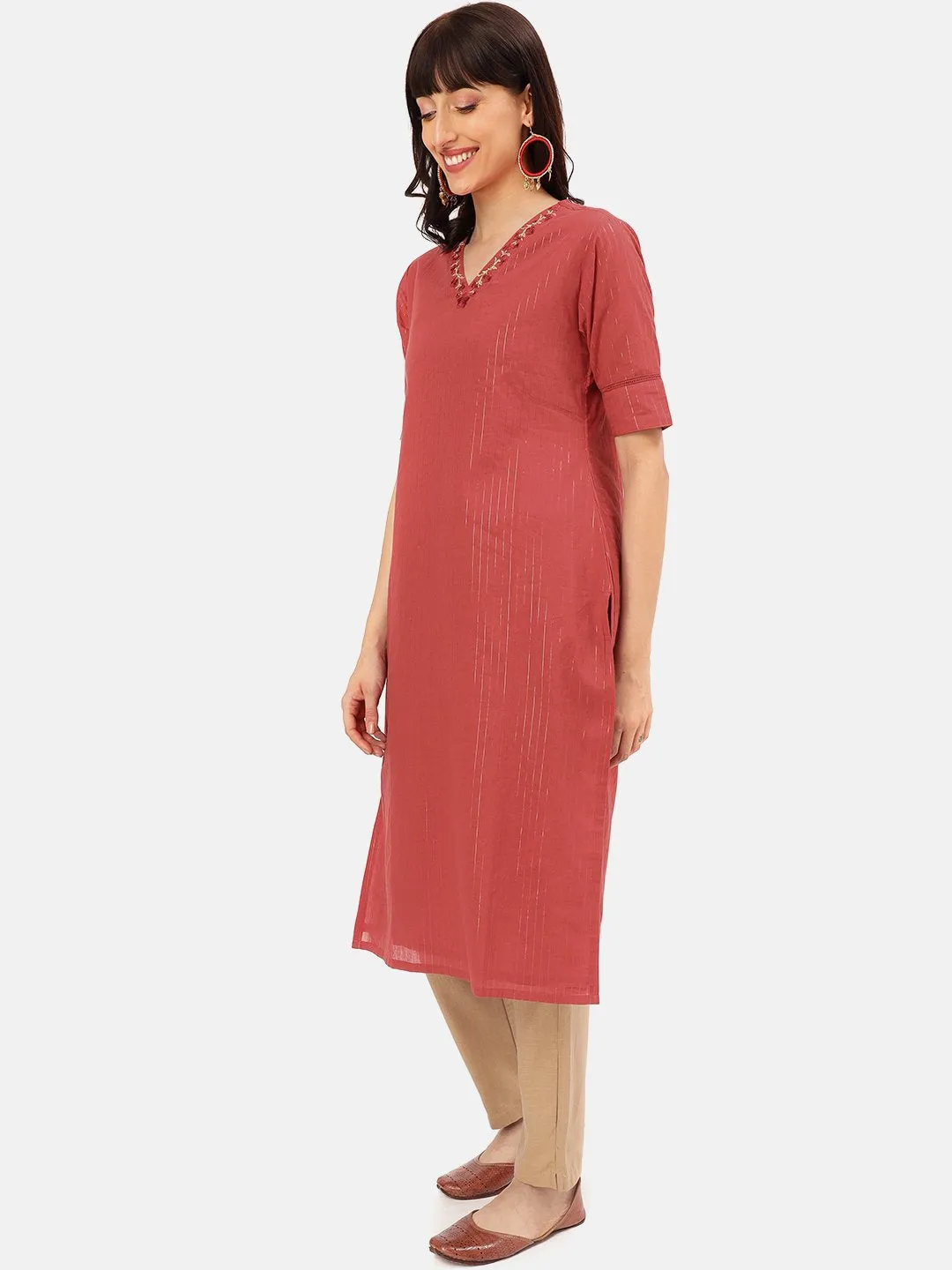 RUST EMBROIDERED V-NECK KURTA