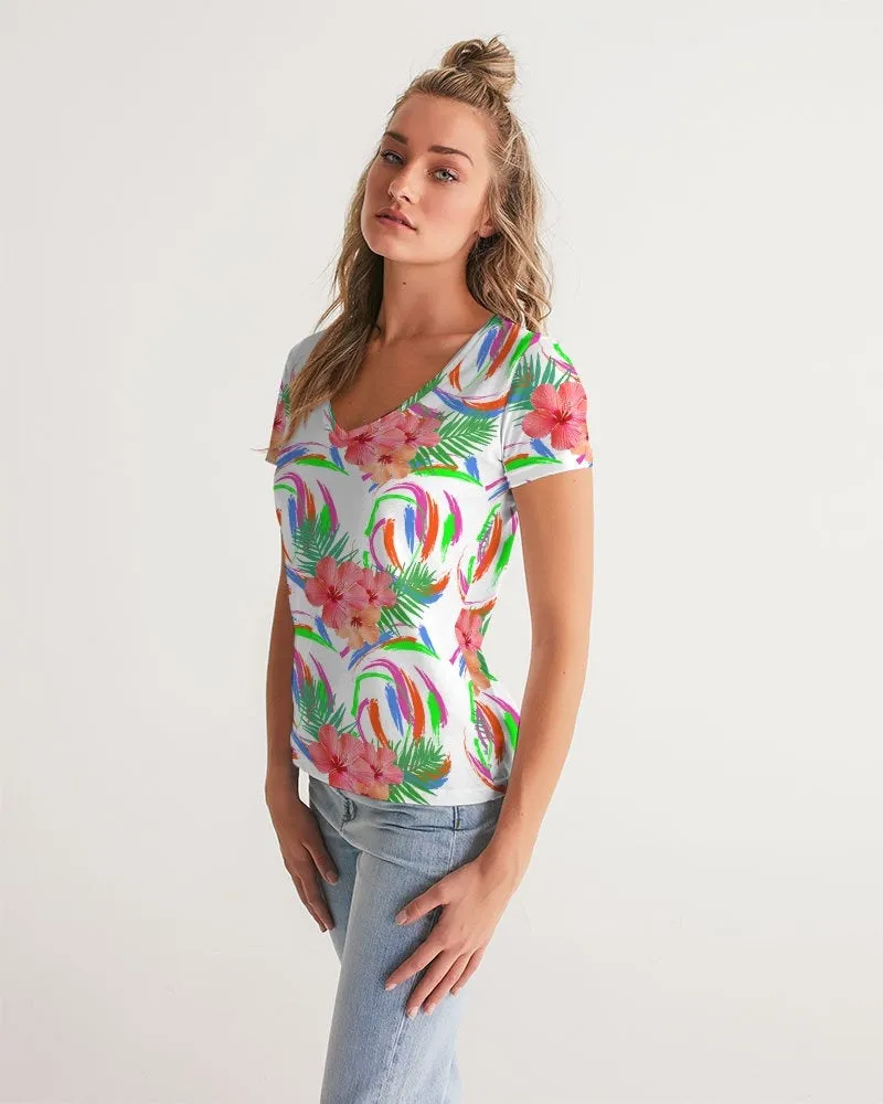 Tropical Hibiscus V-Neck Tee