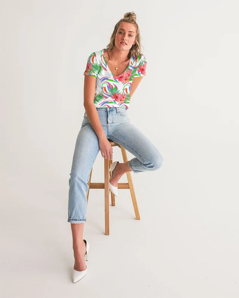 Tropical Hibiscus V-Neck Tee