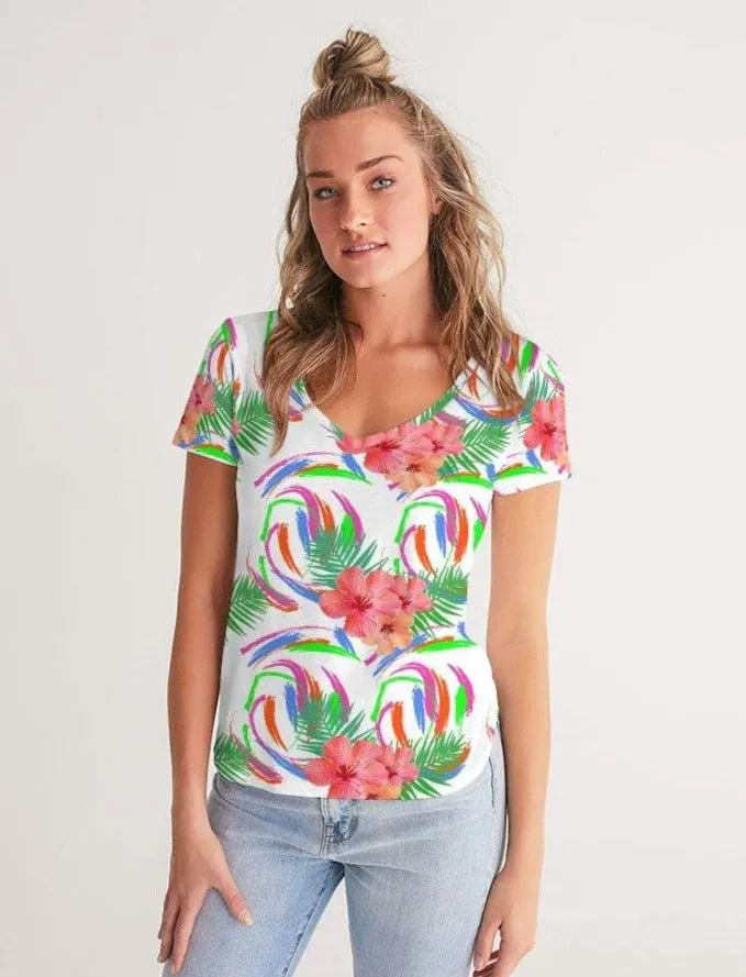 Tropical Hibiscus V-Neck Tee