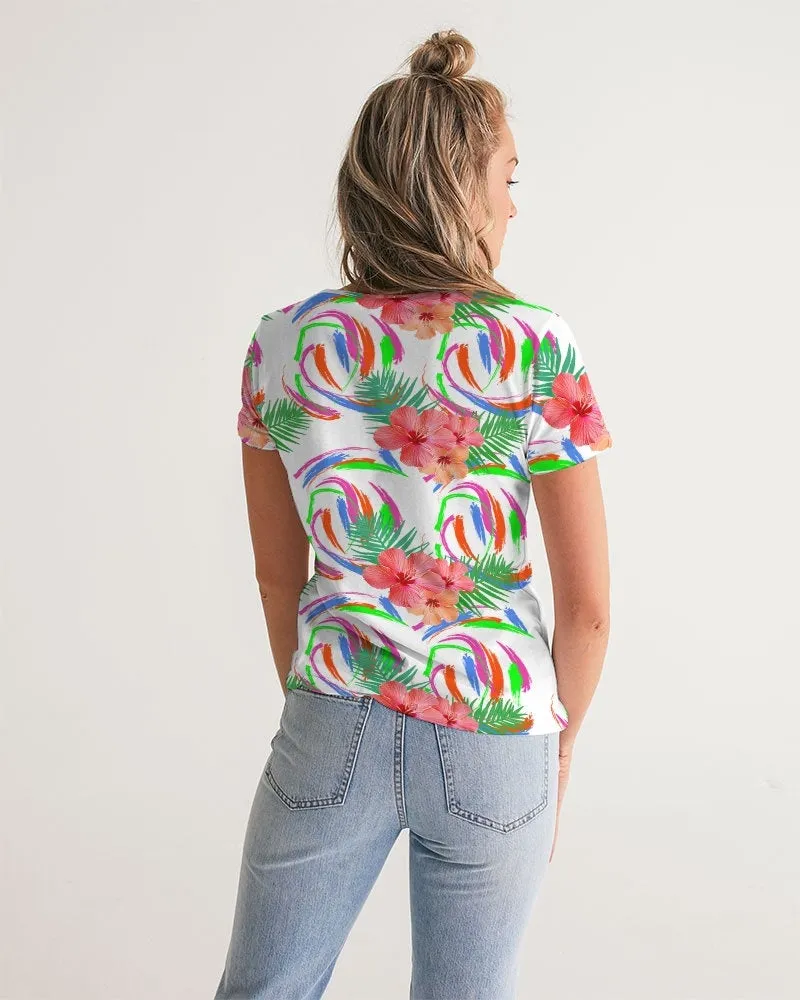 Tropical Hibiscus V-Neck Tee