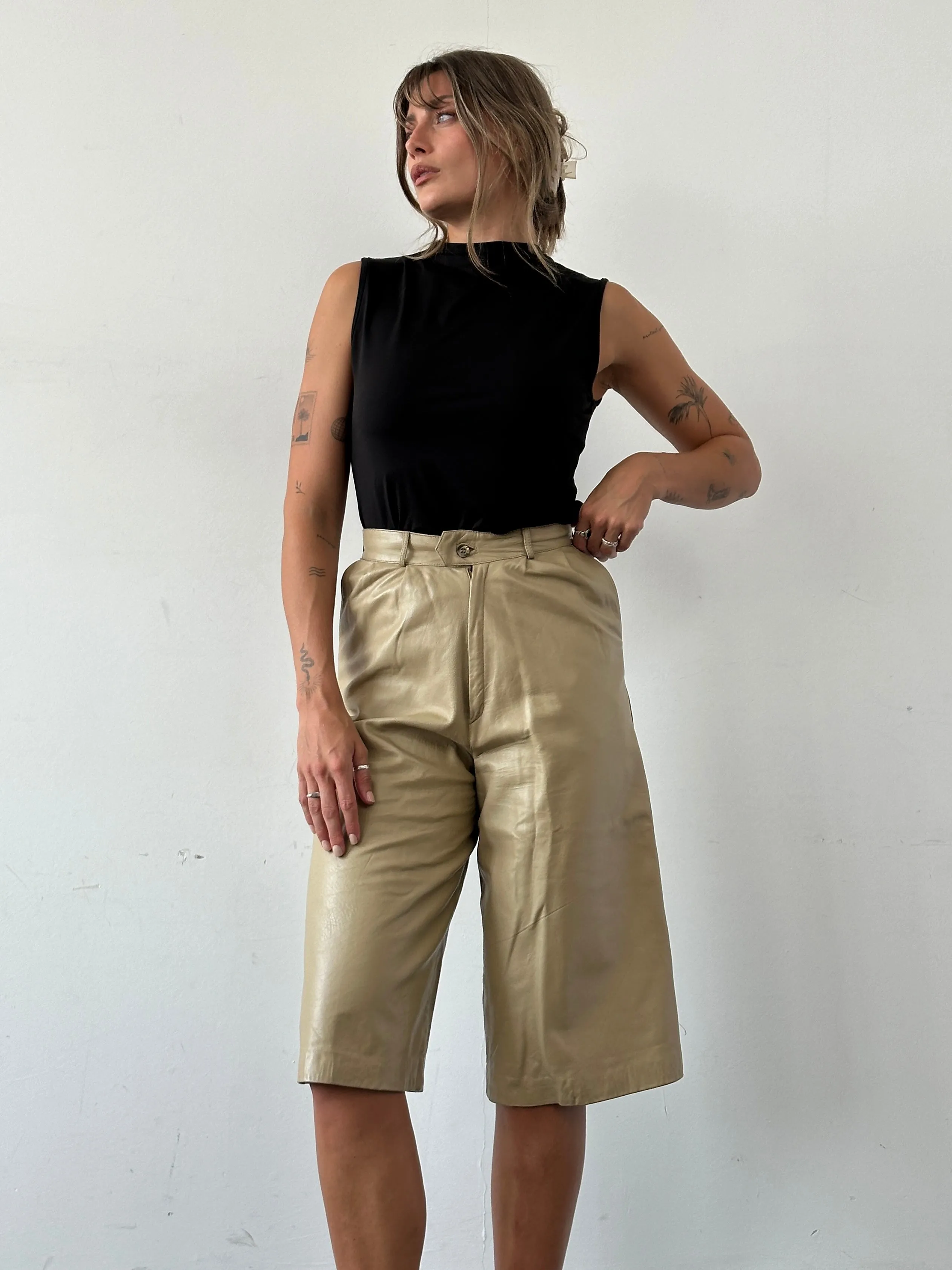 Vintage Leather Wide Leg High Waisted Long Shorts - W24