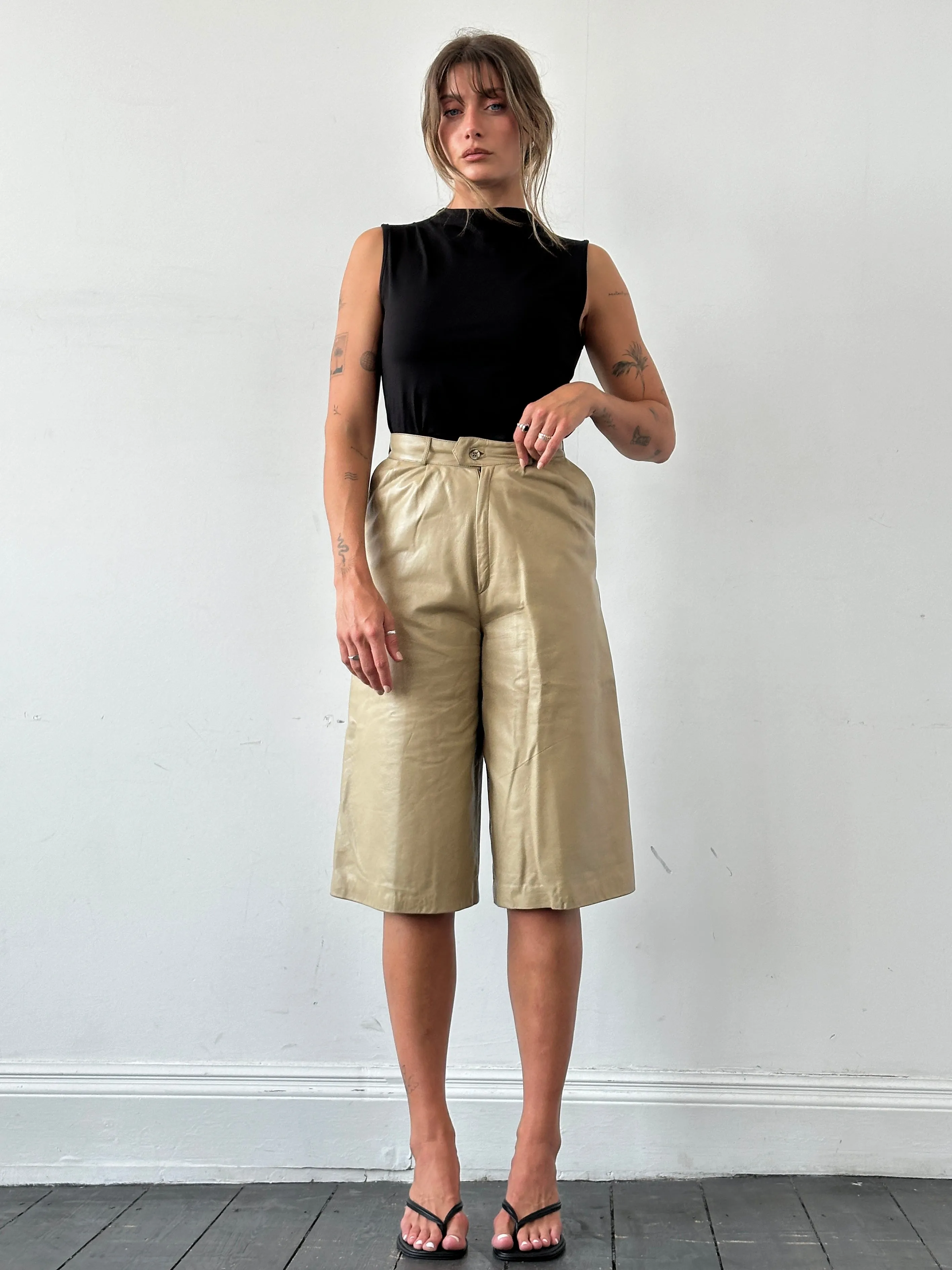 Vintage Leather Wide Leg High Waisted Long Shorts - W24