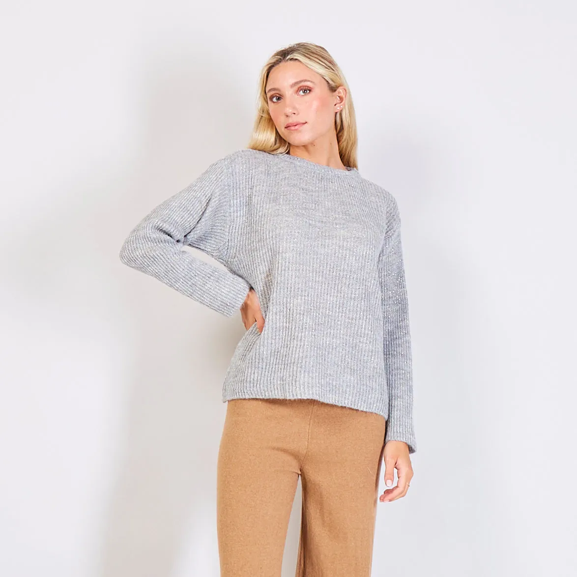 Wholesale chunky knit sweater with silver weave