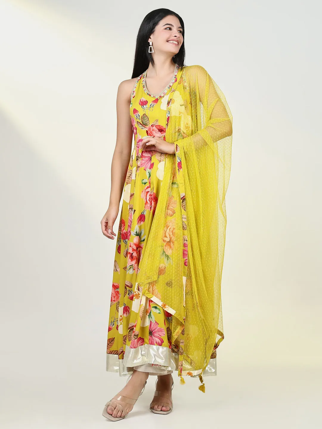 Women Floral Mustard Anarkali Kurta with Dupatta