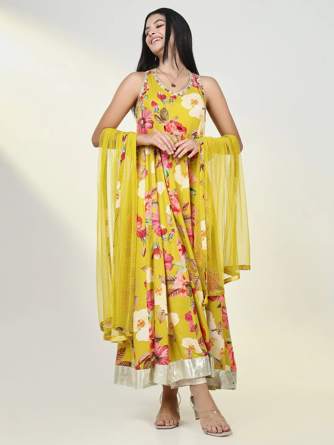 Women Floral Mustard Anarkali Kurta with Dupatta