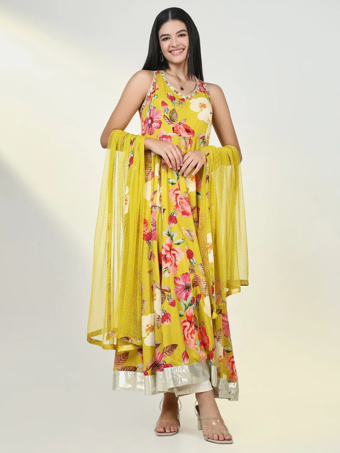 Women Floral Mustard Anarkali Kurta with Dupatta