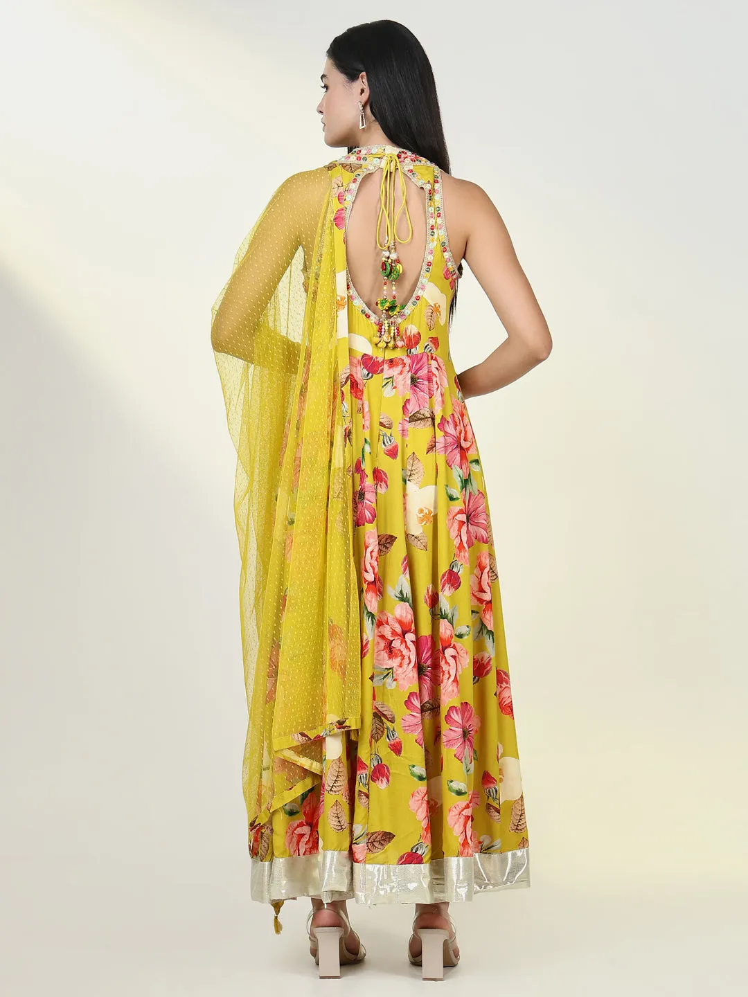 Women Floral Mustard Anarkali Kurta with Dupatta