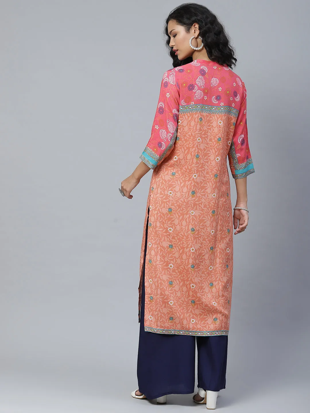 Women Fuchsia & Orange Floral Printed Kurta