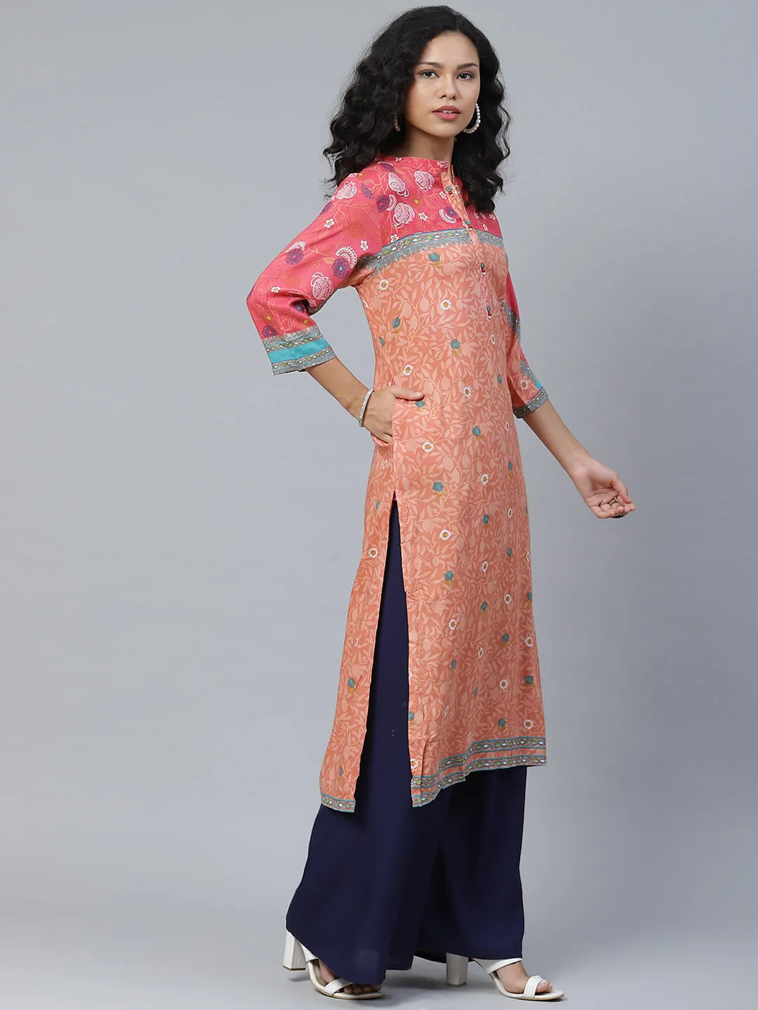 Women Fuchsia & Orange Floral Printed Kurta