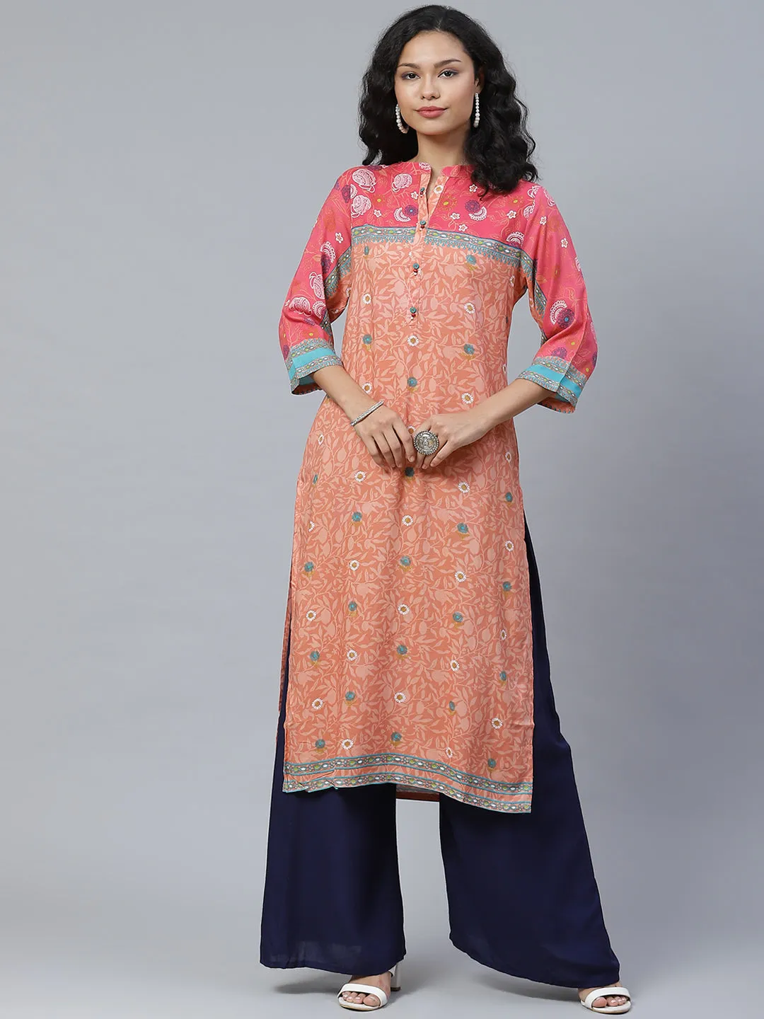 Women Fuchsia & Orange Floral Printed Kurta