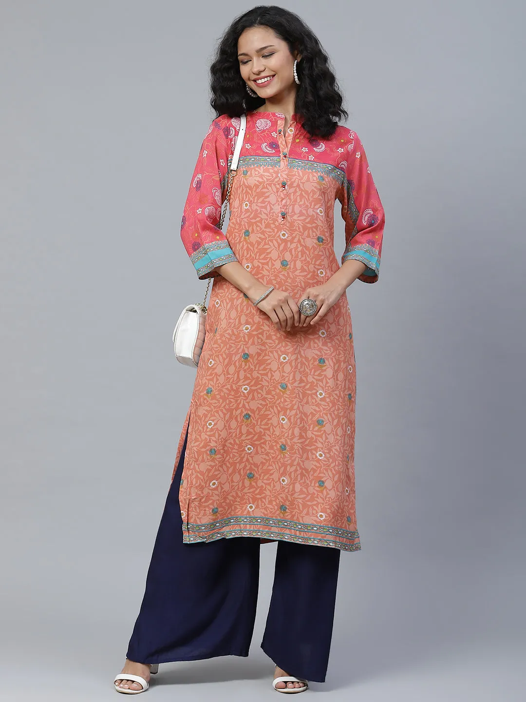 Women Fuchsia & Orange Floral Printed Kurta