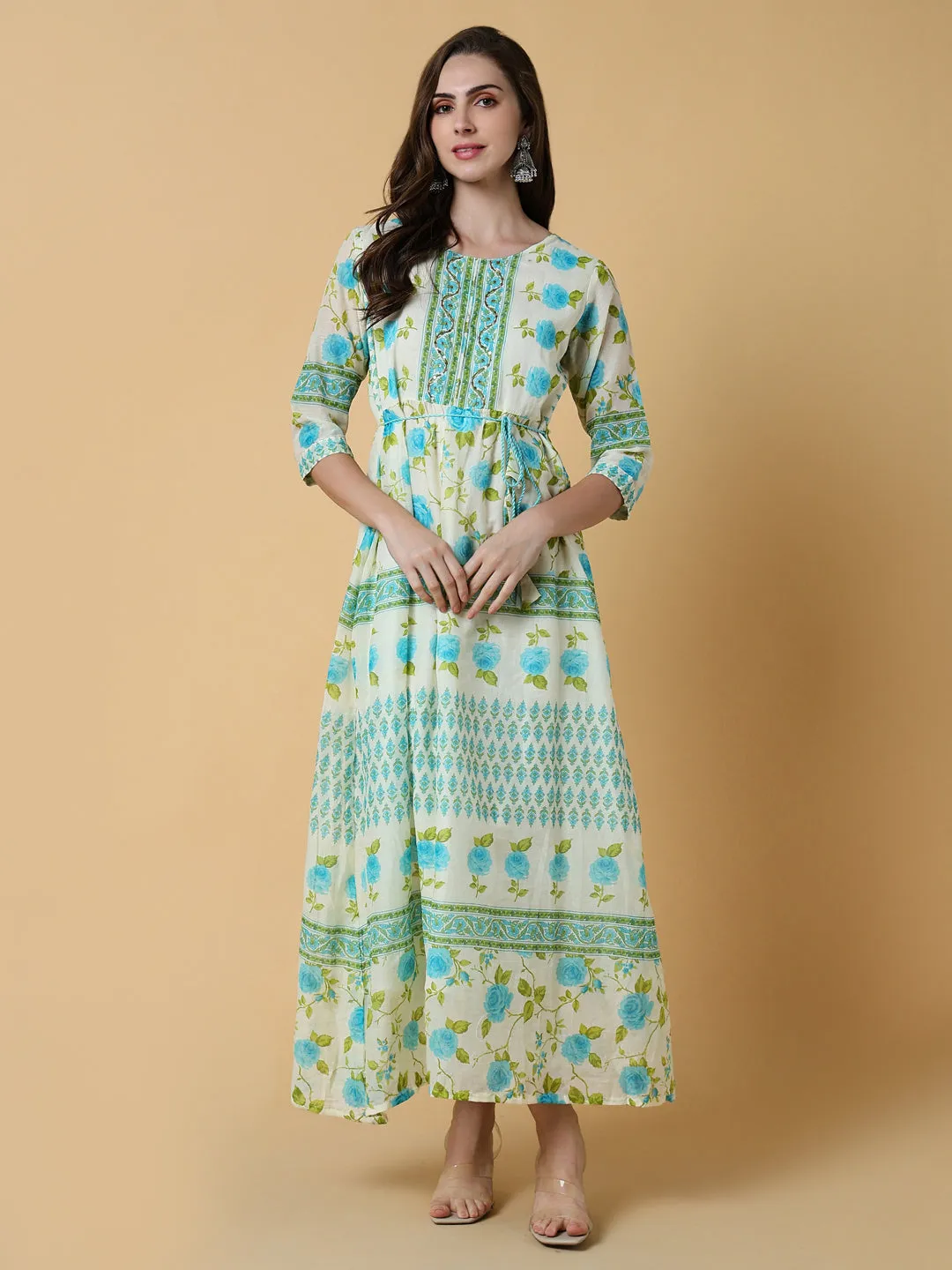 Women Off White Floral A-Line Kurta