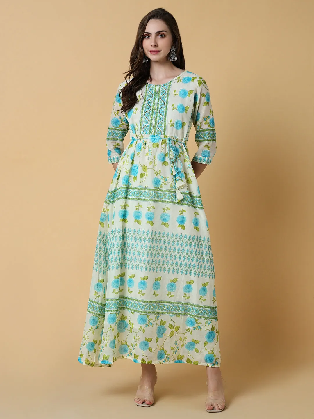 Women Off White Floral A-Line Kurta