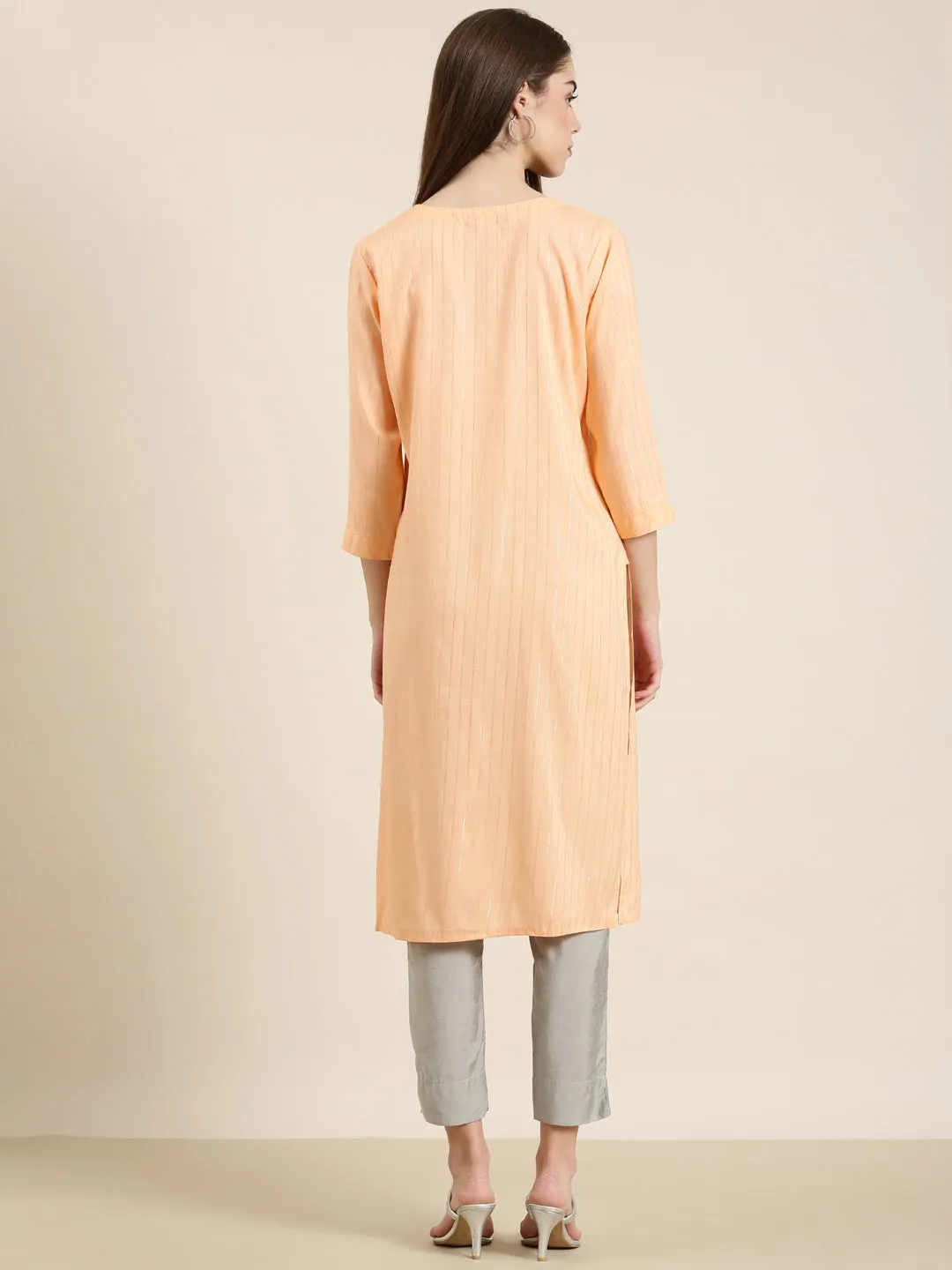 Women Peach Striped Straight Kurta