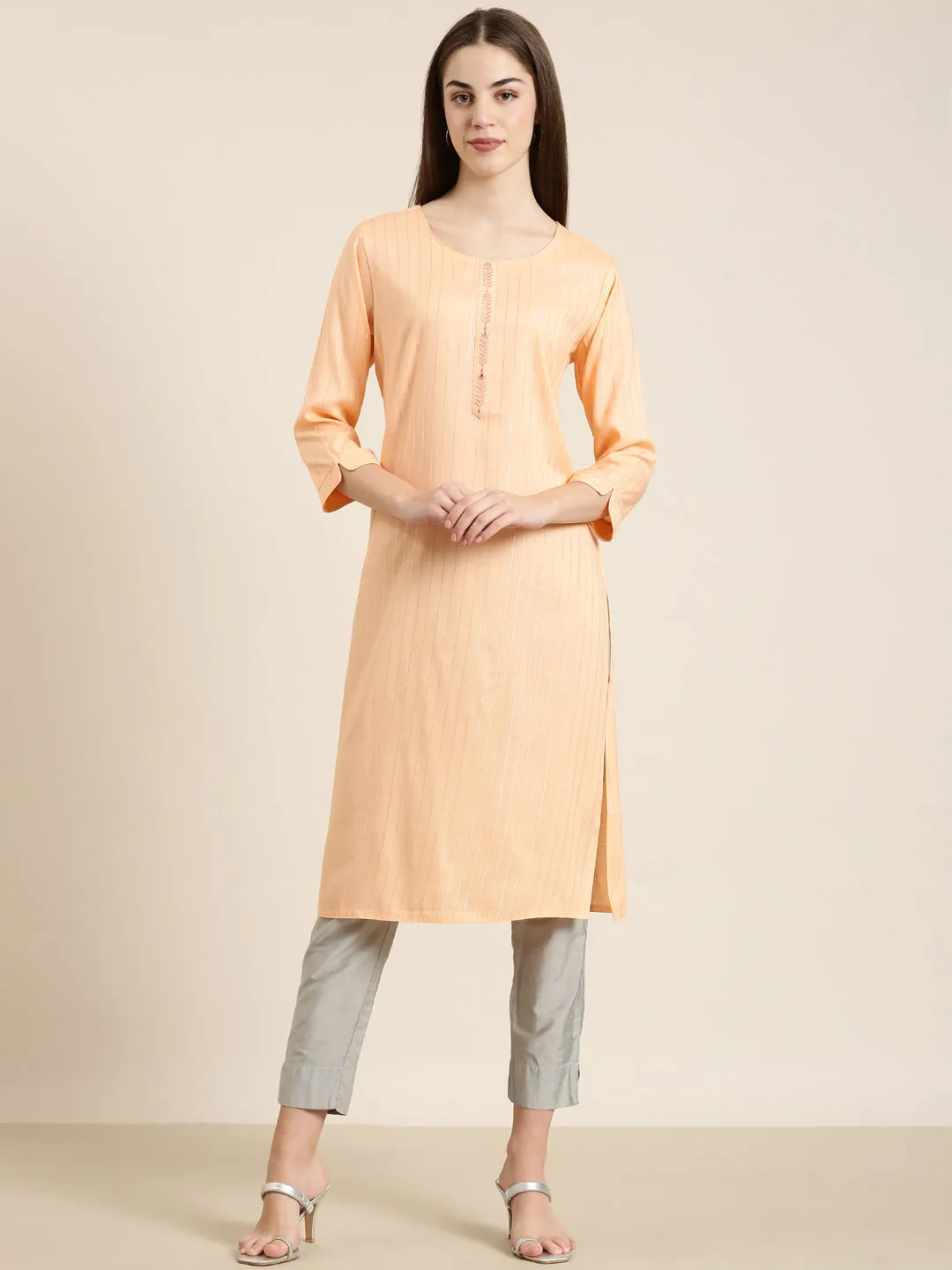 Women Peach Striped Straight Kurta