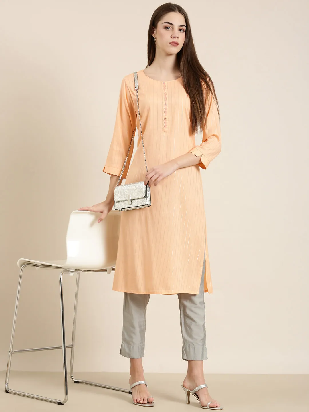 Women Peach Striped Straight Kurta