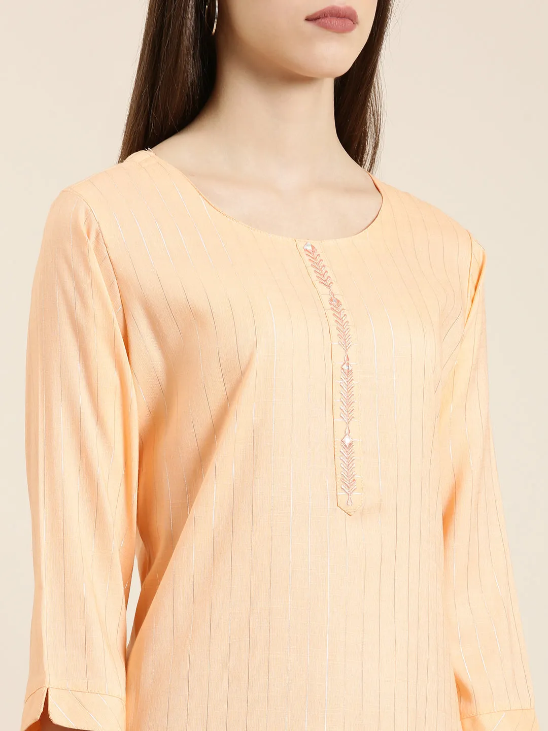 Women Peach Striped Straight Kurta