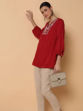 Women Solid Maroon A Line Kurti