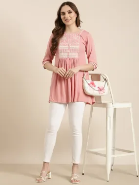 Women Solid Peach A-Line Kurti