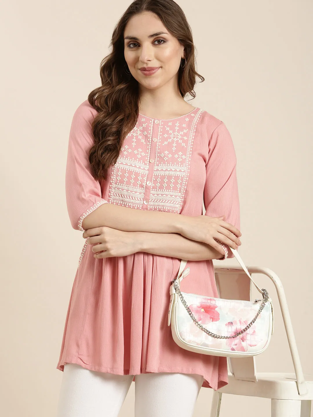 Women Solid Peach A-Line Kurti