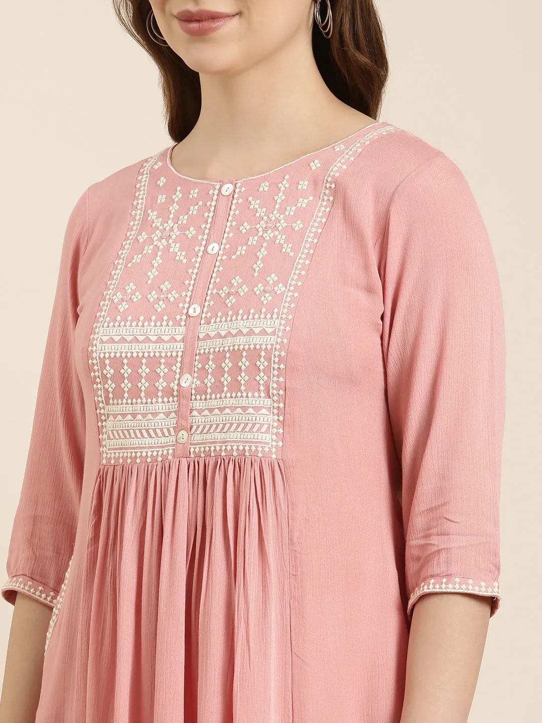 Women Solid Peach A-Line Kurti