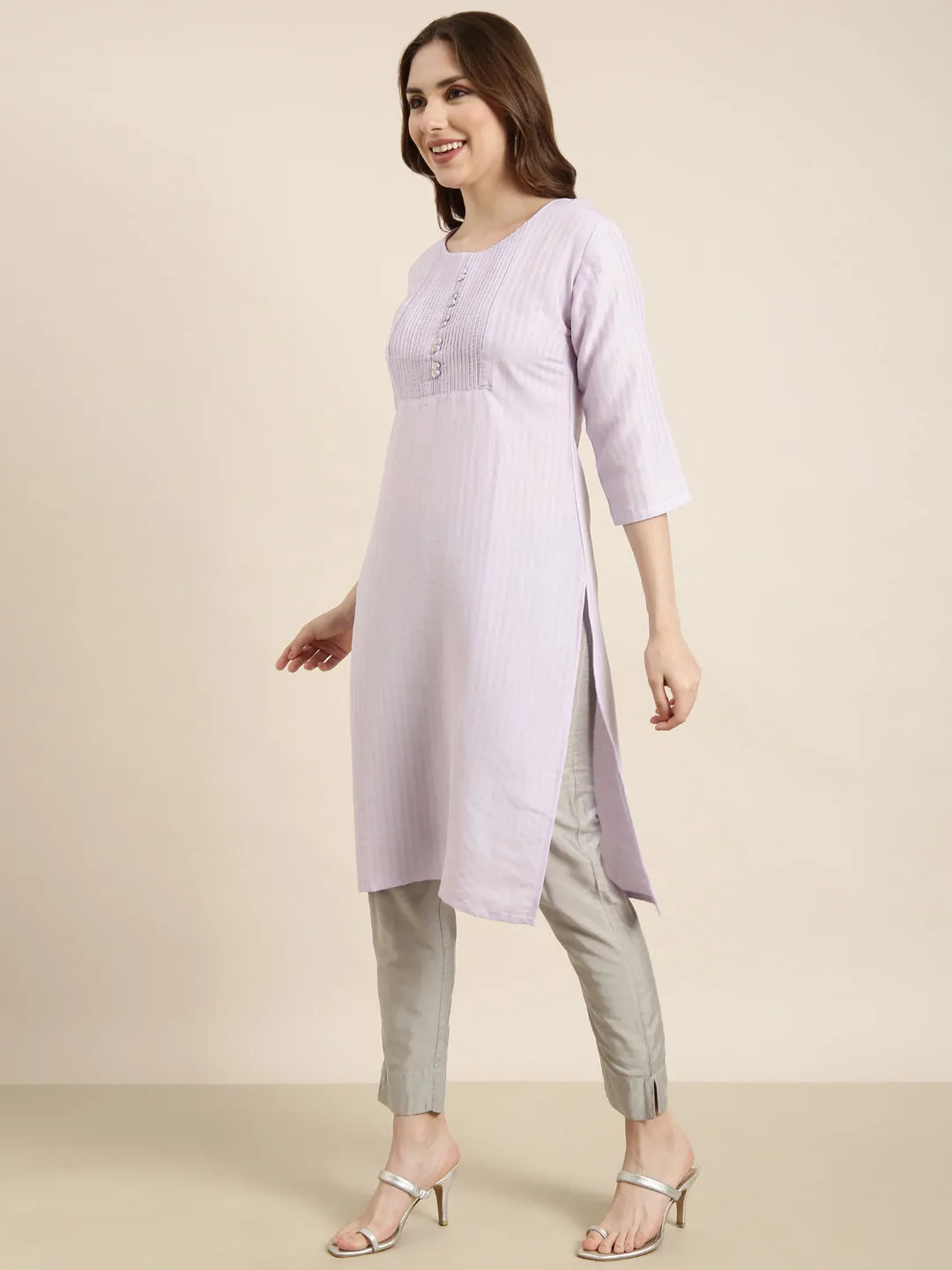 Women Straight Lavender Solid Kurta